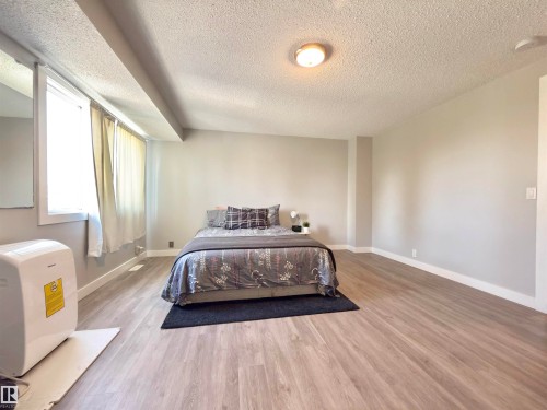 Light wood-finish flooring, neutral wall paint, white trim, and a surface-mounted ceiling light fixture - #13 18010 98 Av Nw Nw, Edmonton, AB - Indoor Photo Showing Bedroom