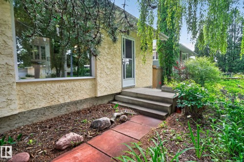 Textured stucco exterior, large picture window, multi-tiered concrete steps, vibrant green foliage, and mature trees - 12 Latimer Place, St. Albert, AB - Outdoor