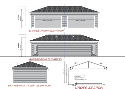 Architectural Plans. Displaying the front, rear, right, left elevations, and cross-section of a two-car garage structure with dimensional specifications - 456 Robinson Boulevard, Leduc, AB - Other