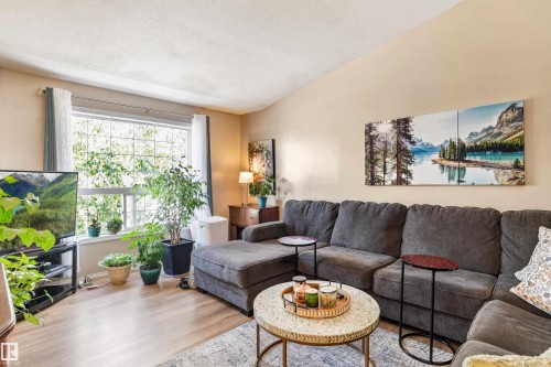 Spacious living area featuring expansive window, wood-finish flooring, neutral wall tones, and recessed ceiling - #9 6506 47 St, Cold Lake, AB - Indoor Photo Showing Living Room