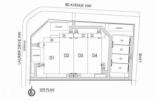 Site Plan. Illustrating the property layout, including designated areas D1-D4, G1-G4, garden spaces, and surrounding access points - 14807 80 Avenue Nw, Edmonton, AB - Other