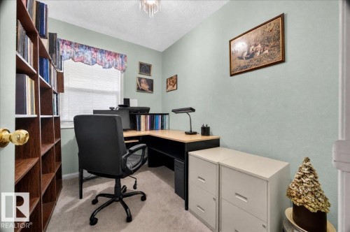Built-in wood-finish shelving, light-colored carpeting, window with blinds, and ceiling-mounted light fixture - 121 51205 Range Road 195, Rural Beaver County, AB - Indoor Photo Showing Office