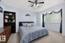 Window with blinds, wall-mounted ceiling fan, built-in shelving, and light-toned carpet flooring - 