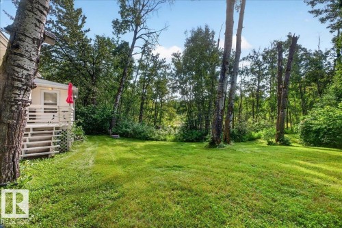 Expansive green lawn with mature trees and a white exterior structure featuring a wood deck with railings and steps - 121 51205 Range Road 195, Rural Beaver County, AB - Outdoor