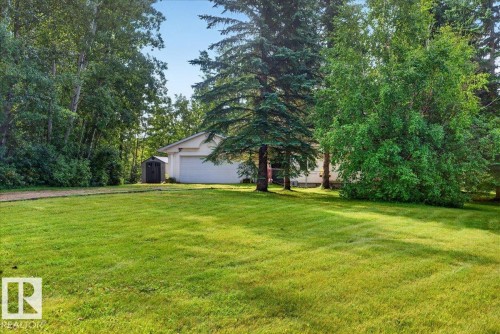 Expansive green lawn with mature trees and a gravel driveway leading to a garage - 121 51205 Range Road 195, Rural Beaver County, AB - Outdoor
