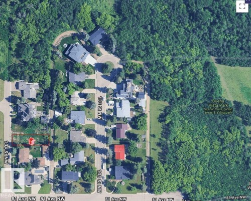 Satellite Imagery. Aerial perspective of a residential area with street labels and a park designation - 8203 134 Street Nw, Edmonton, AB 