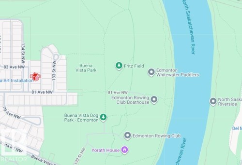Location Map. Depicting the geographical context of the property with surrounding streets, parks, and the North Saskatchewan River - 8203 134 Street Nw, Edmonton, AB 