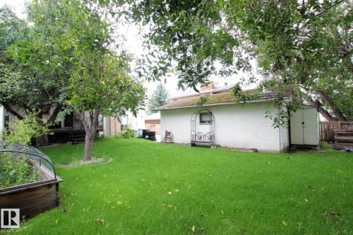 Expansive lawn with mature trees and a raised garden bed - 18107 89 Avenue Nw, Edmonton, AB - Outdoor