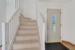 Neutral-toned entry door with decorative glass inserts, carpeted staircase with white balusters, and tile flooring - 