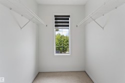 Walk-in closet with white walls, carpeted flooring, window with blinds, and white wire shelving - 