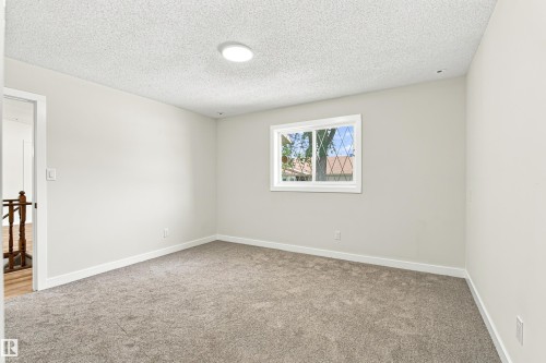 Wall-to-wall carpeting, white interior walls, overhead flush-mount lighting, and a window with white casing - #21 9375 172 St Nw, Edmonton, AB - Indoor Photo Showing Other Room