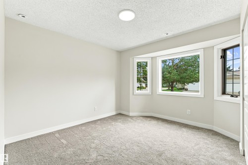 Light-toned carpeted flooring, neutral wall paint, a bay window with white trim, and a flush-mount ceiling light - #21 9375 172 St Nw, Edmonton, AB - Indoor Photo Showing Other Room