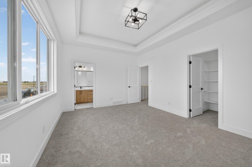 Tray ceiling with crown molding, gray carpet flooring, large windows, and an open closet with built-in shelving - 222 Black Stone Drive Drive, Leduc, AB - Indoor Photo Showing Other Room