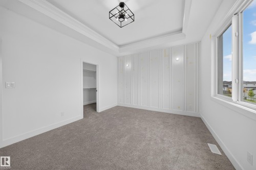 Tray ceiling with crown molding, decorative wall paneling, modern ceiling fixture, plush carpet flooring, and a walk-in closet - 222 Black Stone Drive Drive, Leduc, AB - Indoor Photo Showing Other Room