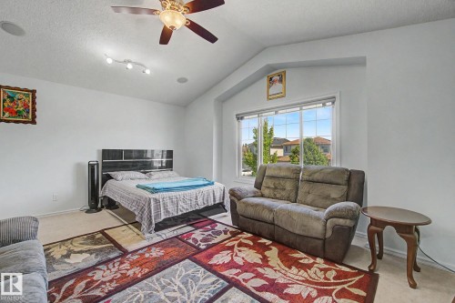 Vaulted ceiling with ceiling fan, recessed lighting, large window, and light-toned carpeting - 3236 21 Street Nw, Edmonton, AB - Indoor Photo Showing Bedroom