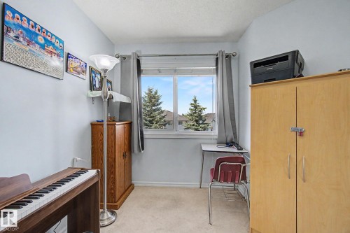 Neutral wall color, window with exterior scenery, carpeted flooring, built-in shelving, wood-finish cabinetry - 3236 21 Street Nw, Edmonton, AB - Indoor