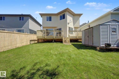 Expansive backyard featuring a manicured lawn, a full wooden privacy fence, a multi-level wood deck, and an outdoor storage shed - 3236 21 Street Nw, Edmonton, AB - Outdoor With Deck Patio Veranda With Exterior