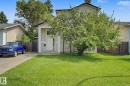 Siding exterior with a gable roof, covered entrance, and a mature tree in the front yard - 9935 155 Street Nw, Edmonton, AB  - Outdoor 