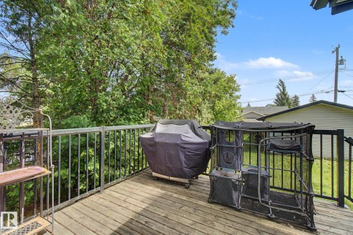 Wood-finish deck with metal railings and mature trees in the background - 9935 155 Street Nw, Edmonton, AB - Outdoor With Deck Patio Veranda With Exterior