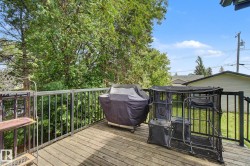 Wood-finish deck with metal railings and mature trees in the background - 