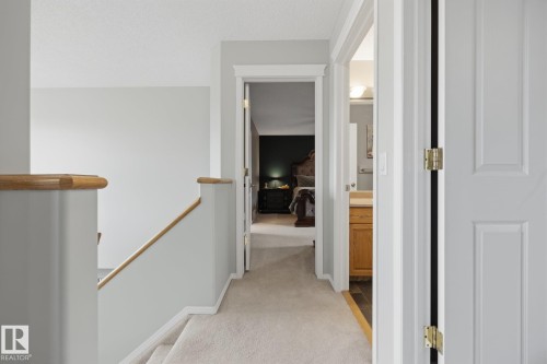 Carpeted hallway with painted walls and wood-finish handrails - 15 Orchid Place, St. Albert, AB - Indoor Photo Showing Other Room
