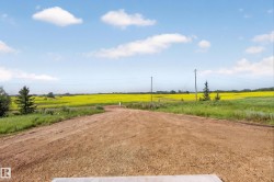 Expansive rural setting featuring a gravel access path, verdant fields, and mature trees under a clear sky - 