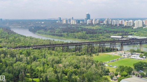 Expansive natural landscape featuring a river, dense tree coverage, and a distant city skyline - #208 9907 91 Av Nw, Edmonton, AB - Outdoor With View