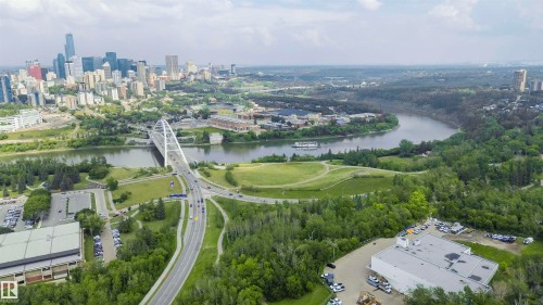 Aerial perspective showcasing a sprawling urban landscape with a prominent river winding through a lush, tree-filled valley - #208 9907 91 Av Nw, Edmonton, AB - Outdoor With View