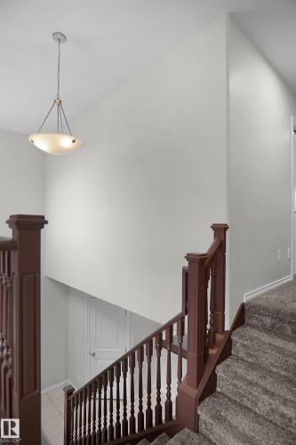 Carpeted staircase with dark wood-finish balusters and handrail - 8432 18 Avenue Sw, Edmonton, AB - Indoor Photo Showing Other Room