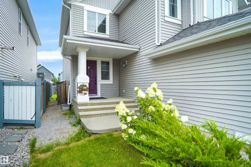 Light gray horizontal siding, front entry with a purple door, white trim, and a covered porch - 8432 18 Avenue Sw, Edmonton, AB - Outdoor