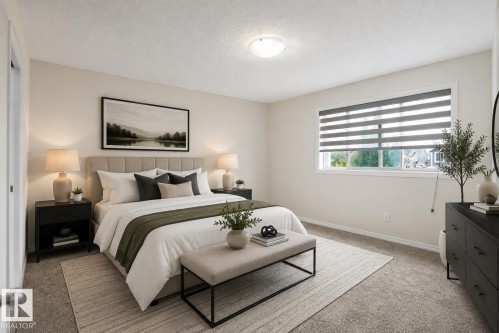 Recessed ceiling lighting, a window with horizontal blinds, and neutral carpet flooring - 8432 18 Avenue Sw, Edmonton, AB - Indoor Photo Showing Bedroom