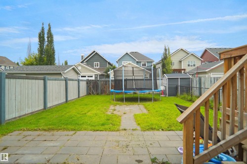 Expansive backyard oasis featuring a large trampoline, mature landscaping with poplar trees, manicured lawn, concrete patio hardscaping, and wood-finish deck railing - 8432 18 Avenue Sw, Edmonton, AB - Outdoor