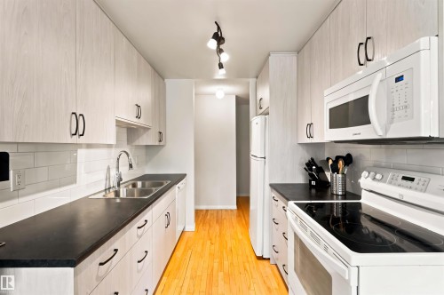 #201 10504 77 Av Nw, Edmonton, AB - Indoor Photo Showing Kitchen With Double Sink