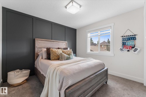 Accent wall with paneling, window with white trim, wall-to-wall carpeting, and overhead light fixture - 5616 Juchli Avenue Nw, Edmonton, AB - Indoor Photo Showing Bedroom