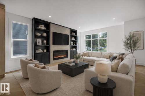 Virtually Staged Living Room - 14706 103 Avenue Nw, Edmonton, AB - Indoor Photo Showing Living Room With Fireplace