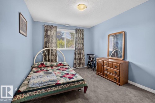 Window with outdoor scenery, ceiling-mounted light fixture, blue wall paint, and gray carpeting - #116 237 Youville Dr E Nw, Edmonton, AB - Indoor Photo Showing Bedroom