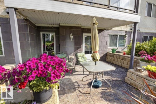 Covered patio featuring stamped concrete flooring, block wall construction, and a raised planter bed - #116 237 Youville Dr E Nw, Edmonton, AB - Outdoor With Deck Patio Veranda