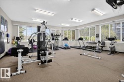 Fitness room featuring multiple exercise machines, carpeted flooring, and abundant natural light from numerous windows - 