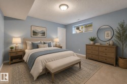 Carpeted bedroom featuring a low-profile window, recessed ceiling, and a paneled door - 