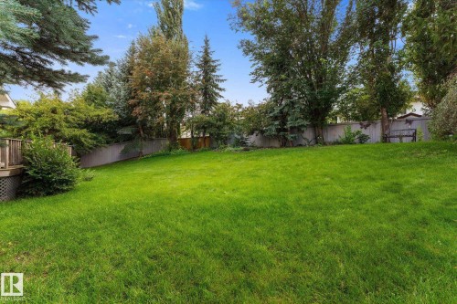 Expansive green lawn with mature trees and a wooden privacy fence - 8 Osborne Close, St. Albert, AB - Outdoor With Backyard