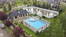 Community clubhouse building with a dark shingle roof, a large outdoor swimming pool, and an adjacent multi-sport court - 2416 Warry Place Sw, Edmonton, AB 