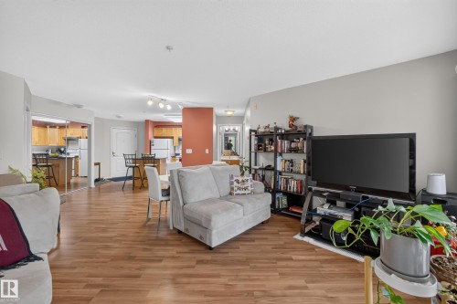 Open-concept living area featuring wood-finish flooring, light gray wall paint, and a white ceiling - #105 10421 42 Av Nw, Edmonton, AB - Indoor Photo Showing Living Room