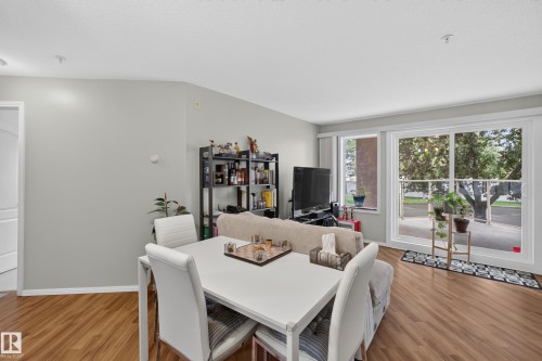 Bright living area featuring wood-finish flooring and light gray walls - #105 10421 42 Av Nw, Edmonton, AB - Indoor