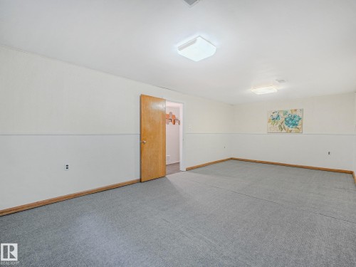Recessed lighting fixtures, light gray carpeting, wood-finish trim, and a wood-finish door - 6112 105A Street Nw, Edmonton, AB - Indoor Photo Showing Other Room