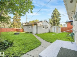 Expansive backyard featuring a concrete patio, established trees, and a detached structure with a concrete pathway - 