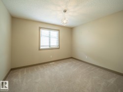 Neutral tone walls, ceiling-mounted light fixture, light-colored carpeting, and window with blinds - 