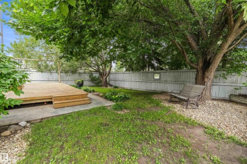 Expansive backyard featuring a wood deck with steps, mature trees, a manicured lawn, and a perimeter fence - 851 112A Street Nw, Edmonton, AB - Outdoor