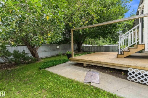 Exterior wooden deck with white railings, concrete patio, established trees, and a wooden privacy fence - 851 112A Street Nw, Edmonton, AB - Outdoor