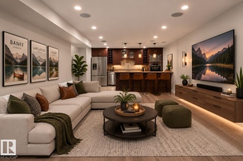 Open-concept living area featuring a sectional seating arrangement, dark wood cabinetry with pendant lighting, stainless steel appliances, recessed ceiling lights, and a large flat-screen television mounted above a wood-finish media console with shelving - 229 Hillcrest Crest, Sherwood Park, AB - Indoor Photo Showing Living Room