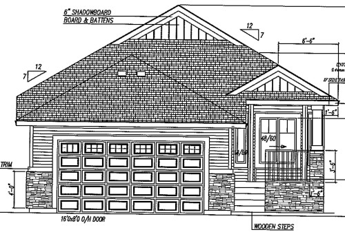 Architectural Drawing. Front elevation of the property, including material specifications and dimensions - Fort Saskatchewan, AB - Other